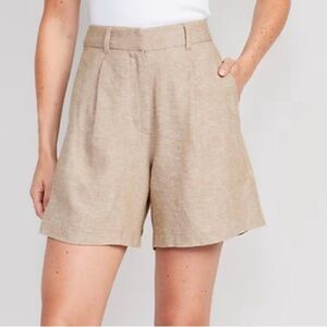 Tan High Waisted Linen Blend Shorts